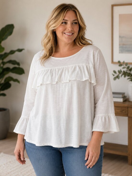 crown & ivy Tops - Crown & Ivy XL Ruffle Yoke Bell Sleeve Peasant Tunic Top Ivory Lightweight Boho